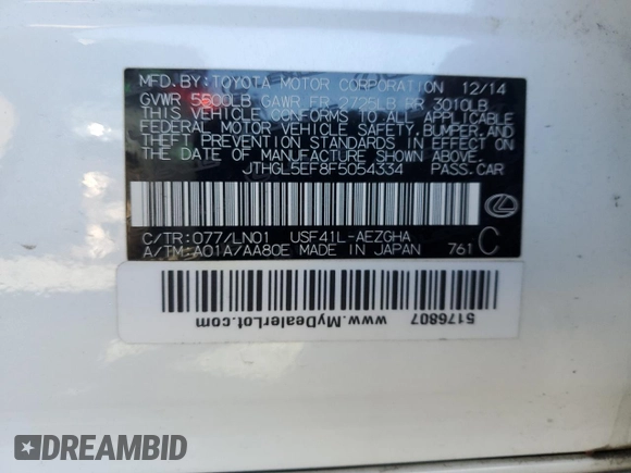 2015 Lexus LS 460 L with VIN JTHGL5EF8F5054334, listed as a Copart auction lot 87248924 with 167,791 mi miles and Salvage title. Bid and sale history available at DreamBid. Image 14.
