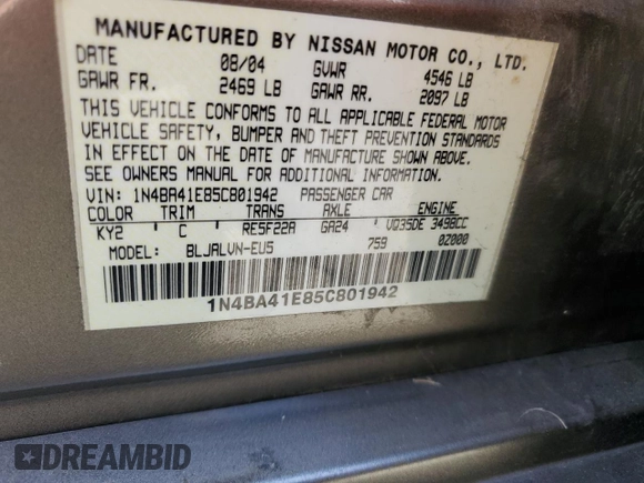 2005 Nissan Maxima 3.5 SL with VIN 1N4BA41E85C801942, listed as a Copart auction lot 72085134 with 133,347 mi miles and Salvage Title. Bid and sale history available at carsss.com. Image 14.