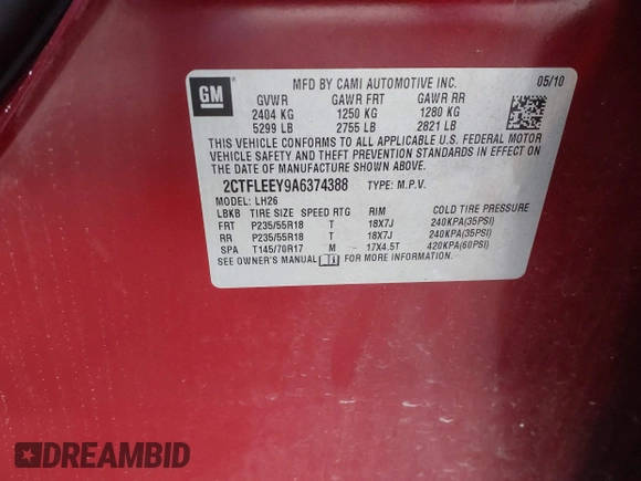 2010 GMC Terrain SLE-2 with VIN 2CTFLEEY9A6374388, listed as a IAAI auction lot 41360309 with 118,036 mi miles and . Bid and sale history available at DreamBid. Image 9.