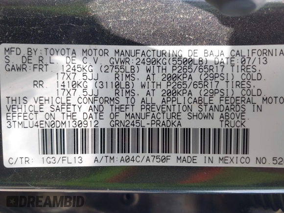 2013 Toyota Tacoma with VIN 3TMLU4EN0DM130912, listed as a IAAI auction lot 42682150 with 166,503 mi miles and . Bid and sale history available at DreamBid. Image 9.
