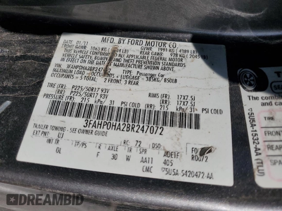 2011 Ford Fusion SE with VIN 3FAHP0HA2BR247072, listed as a Copart auction lot 52193945 with Not Provided miles and Salvage Title. Bid and sale history available at carsss.com. Image 13.