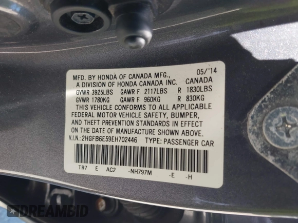 2014 Honda Civic Si with VIN 2HGFB6E59EH702446, listed as a IAAI auction lot 42139690 with 134,208 mi miles and . Bid and sale history available at DreamBid. Image 9.