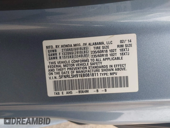 2014 Honda Odyssey Touring with VIN 5FNRL5H91EB081811, listed as a IAAI auction lot 42153920 with 16 mi miles and . Bid and sale history available at DreamBid. Image 9.