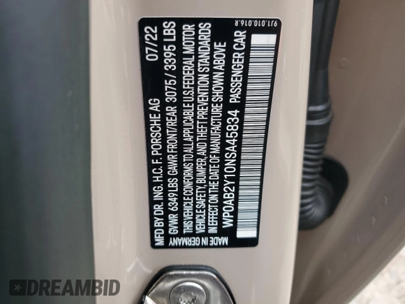 2022 Porsche Taycan 4S z VIN WP0AB2Y10NSA45834, wystawiony jako Copart lot #64102415 z przebiegiem 32 488 mil mil oraz Szkoda całkowita • Salvage title. Historia ofert i sprzedaży dostępna na DreamBid. Obrazek 12.