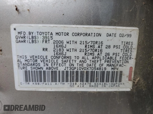 1999 Toyota RAV4 with VIN JT3GP10V0X7054819, listed as a Copart auction lot 44864015 with 140,095 mi miles and Salvage Title. Bid and sale history available at DreamBid. Image 12.
