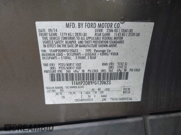 2015 Ford Taurus SE с VIN 1FAHP2D89FG120623, выставлен на аукционе IAAI как лот 41944388 с пробегом 116 388 миль миль и . История ставок и продаж доступна на DreamBid. Изображение 9.