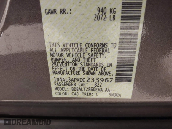 2013 Nissan Altima SV with VIN 1N4AL3APXDC233967, listed as a IAAI auction lot 41515998 with 65,666 mi miles and . Bid and sale history available at DreamBid. Image 9.