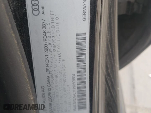2017 Audi A7 Premium Plus with VIN WAUW2AFC1HN093604, listed as a Copart auction lot 43178484 with 32,851 mi miles. Bid and sale history available at carsss.com. Image 12.