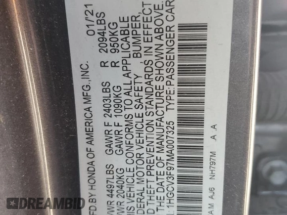 2021 Honda Accord Touring with VIN 1HGCV3F97MA007325, listed as a Copart auction lot 55254695 with Not provided miles and Salvage title. Bid and sale history available at DreamBid. Image 12.