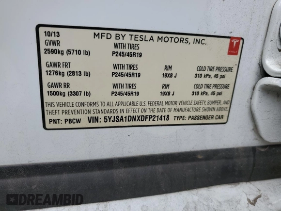 2013 Tesla Model S z VIN 5YJSA1DNXDFP21418, wystawiony jako Copart lot #59131655 z przebiegiem 106 428 mil mil oraz Szkoda całkowita • Salvage title. Historia ofert i sprzedaży dostępna na DreamBid. Obrazek 12.