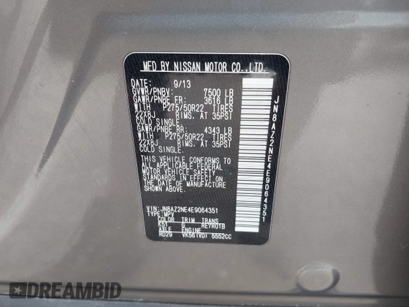 2014 Infiniti QX80 with VIN JN8AZ2NE4E9064351, listed as a IAAI auction lot 42123639 with 164,540 mi miles. Bid and sale history available at carsss.com. Image 9.