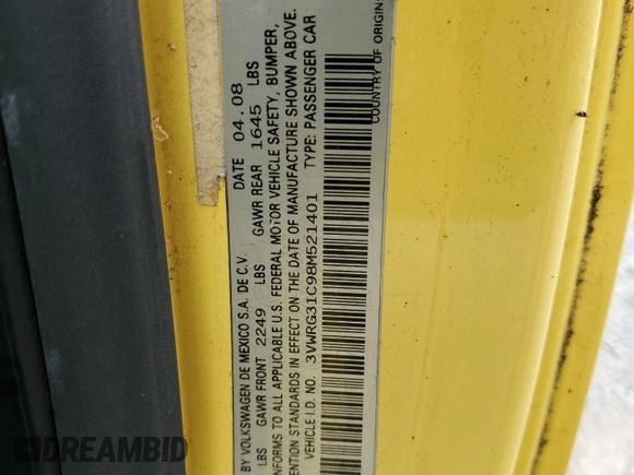2008 Volkswagen Beetle S с VIN 3VWRG31C98M521401, выставлен на аукционе Copart как лот 56681255 с пробегом 98 192 миль миль и Списание • Salvage title. История ставок и продаж доступна на DreamBid. Изображение 12.