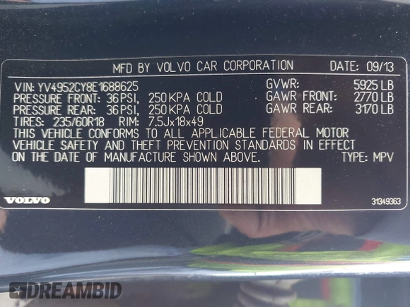 2014 Volvo XC90 with VIN YV4952CY8E1688625, listed as a IAAI auction lot 42046705 with 121,880 mi miles. Bid and sale history available at carsss.com. Image 9.