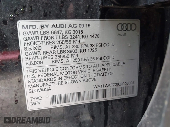 2019 Audi Q7 Premium Plus z VIN WA1LAAF72KD006893, wystawiony jako IAAI lot #42336243 z przebiegiem 61 330 mil mil oraz . Historia ofert i sprzedaży dostępna na DreamBid. Obrazek 9.