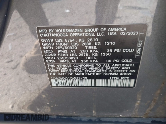 2023 Volkswagen Atlas SE with VIN 1V2JR2CA4PC538749, listed as a IAAI auction lot 41206267 with 23,197 mi miles and . Bid and sale history available at DreamBid. Image 9.