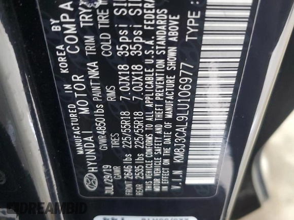 2020 Hyundai Tucson SEL with VIN KM8J3CAL9LU106977, listed as a Copart auction lot 61456665 with 73,674 mi miles and Salvage title. Bid and sale history available at DreamBid. Image 12.