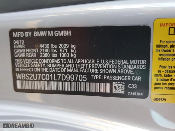 2020 BMW M2 Competition with VIN WBS2U7C01L7D99705, listed as a Copart auction lot 83850434 with 101,313 mi miles and Salvage Title. Bid and sale history available at carsss.com. Image 12.
