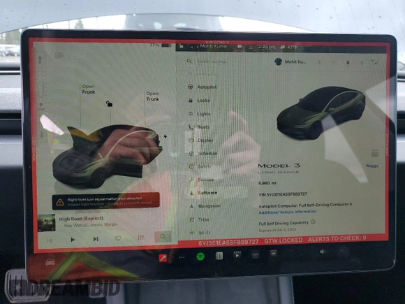2025 Tesla Model 3 Long Range with VIN 5YJ3E1EA5SF889727, listed as a Copart auction lot 49207545 with 6,980 mi miles and Salvage Title. Bid and sale history available at carsss.com. Image 9.