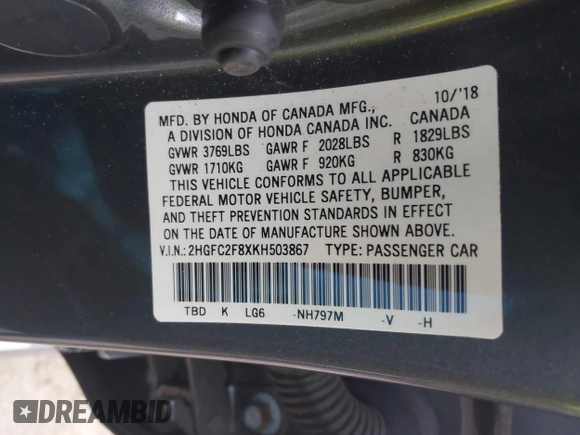 2019 Honda Civic Sport with VIN 2HGFC2F8XKH503867, listed as a IAAI auction lot 41533506 with 66,650 mi miles and . Bid and sale history available at DreamBid. Image 9.