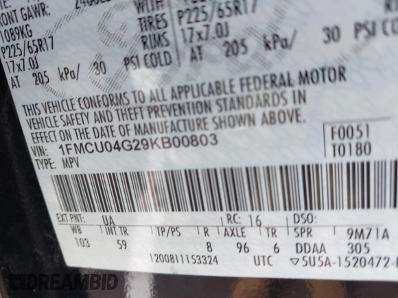 2009 Ford Escape Limited с VIN 1FMCU04G29KB00803, выставлен на аукционе IAAI как лот 42261561 с пробегом 240 655 миль миль и . История ставок и продаж доступна на DreamBid. Изображение 9.