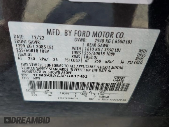 2023 Ford Explorer с VIN 1FM5K8AC3PGA17492, выставлен на аукционе Copart как лот 62446965 с пробегом 35 636 миль миль и Списание • Salvage title. История ставок и продаж доступна на DreamBid. Изображение 13.