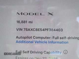 2023 Tesla Model X with VIN 7SAXCBE54PF384403, listed as a IAAI auction lot 40947187 with 16,881 mi miles and . Bid and sale history available at DreamBid. Image 16.