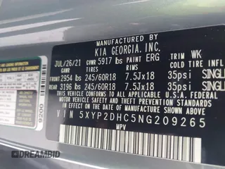 2022 Kia Telluride LX z VIN 5XYP2DHC5NG209265, wystawiony jako IAAI lot #42376957 z przebiegiem 51 615 mil mil oraz . Historia ofert i sprzedaży dostępna na DreamBid. Obrazek 9.