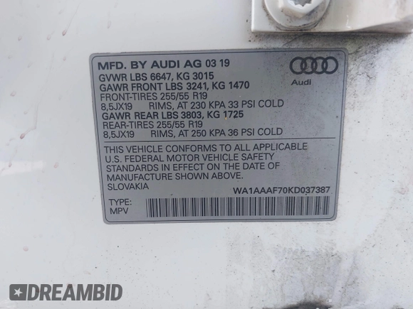 2019 Audi Q7 Premium with VIN WA1AAAF70KD037387, listed as a IAAI auction lot 41966996 with 93,245 mi miles and . Bid and sale history available at DreamBid. Image 9.