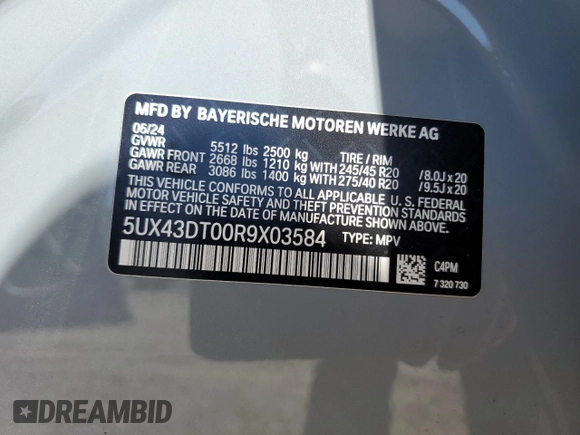 2024 BMW X4 M40i с VIN 5UX43DT00R9X03584, выставлен на аукционе Copart как лот 52022455 с пробегом 6 148 миль миль и Списание • Salvage title. История ставок и продаж доступна на DreamBid. Изображение 14.