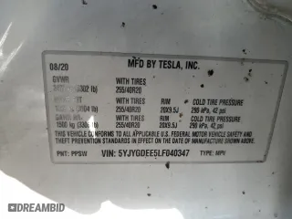 2020 Tesla Model Y Long Range with VIN 5YJYGDEE5LF040347, listed as a Copart auction lot 45598615 with 72,179 mi miles and Salvage Title. Bid and sale history available at carsss.com. Image 12.