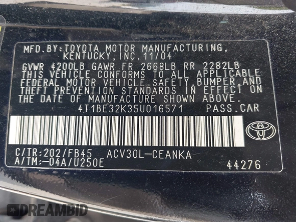 2005 Toyota Camry STD z VIN 4T1BE32K35U016571, wystawiony jako IAAI lot #42496809 z przebiegiem 179 290 mil mil oraz . Historia ofert i sprzedaży dostępna na DreamBid. Obrazek 9.