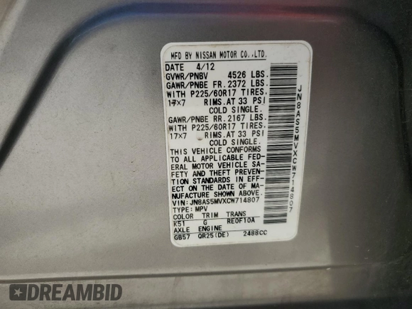 2012 Nissan Rogue SV with VIN JN8AS5MVXCW714807, listed as a Copart auction lot 52620405 with 125,202 mi miles and Salvage Title. Bid and sale history available at carsss.com. Image 15.