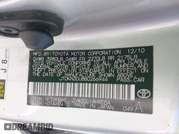 2011 Toyota Prius I with VIN JTDKN3DU8B0266944, listed as a IAAI auction lot 42164570 with 227,422 mi miles. Bid and sale history available at carsss.com. Image 9.