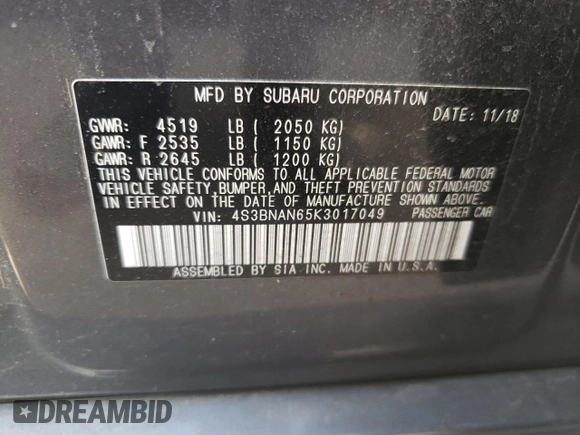 2019 Subaru Legacy Limited with VIN 4S3BNAN65K3017049, listed as a Copart auction lot 57091183 with 83,281 mi miles. Bid and sale history available at carsss.com. Image 12.