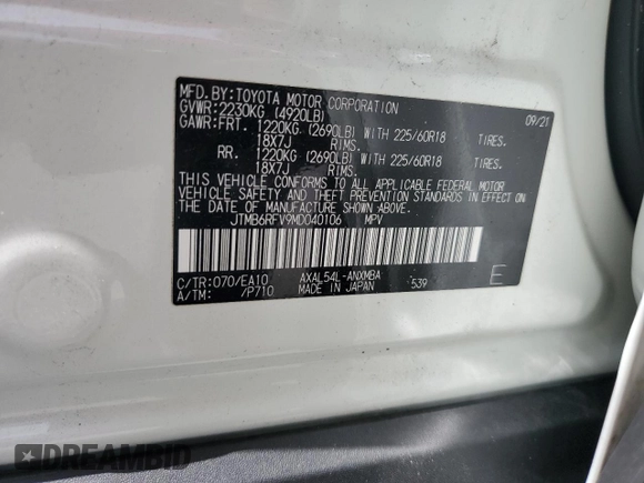2021 Toyota RAV4 Hybrid LE with VIN JTMB6RFV9MD040106, listed as a Copart auction lot 63409025 with 37,307 mi miles and Non repairable. Bid and sale history available at DreamBid. Image 13.