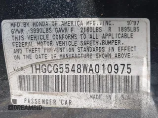 1998 Honda Accord LX with VIN 1HGCG5548WA010975, listed as a IAAI auction lot 39183531 with Not provided miles and . Bid and sale history available at DreamBid. Image 9.