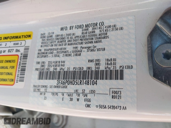 2020 Ford Fusion SE with VIN 3FA6P0HD5LR148104, listed as a IAAI auction lot 42049789 with 88,885 mi miles and . Bid and sale history available at DreamBid. Image 9.