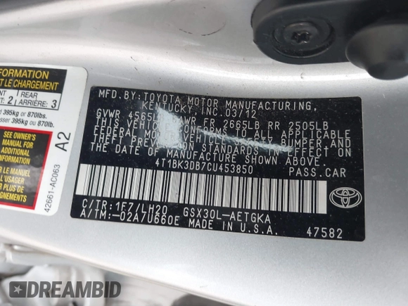 2012 Toyota Avalon z VIN 4T1BK3DB7CU453850, wystawiony jako IAAI lot #41425863 z przebiegiem 142 623 mil mil oraz . Historia ofert i sprzedaży dostępna na DreamBid. Obrazek 9.