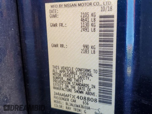 2018 Nissan Maxima SV with VIN 1N4AA6AP7JC408808, listed as a Copart auction lot 46719635 with 43,583 mi miles and Salvage Title. Bid and sale history available at DreamBid. Image 13.