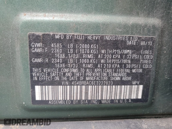 2014 Subaru Outback 2.5i with VIN 4S4BRBAC6E3222823, listed as a Copart auction lot 58740315 with 240,504 mi miles and Salvage title. Bid and sale history available at DreamBid. Image 14.