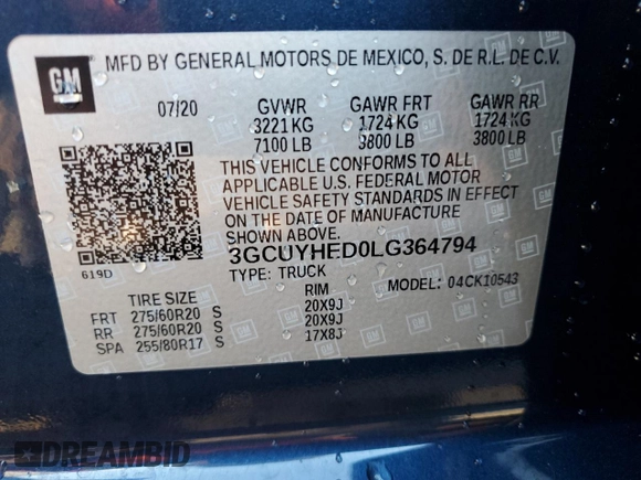 2020 Chevrolet Silverado 1500 High Country with VIN 3GCUYHED0LG364794, listed as a Copart auction lot 42399815 with 64,227 mi miles and Salvage Title. Bid and sale history available at carsss.com. Image 12.