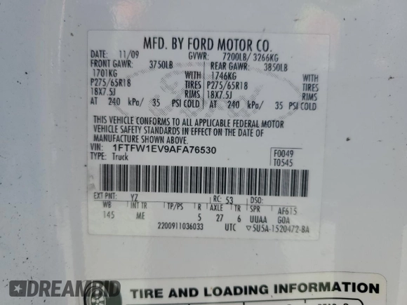 2010 Ford F-150 XL with VIN 1FTFW1EV9AFA76530, listed as a Copart auction lot 51303695 with 261,542 mi miles and Salvage Title. Bid and sale history available at DreamBid. Image 12.