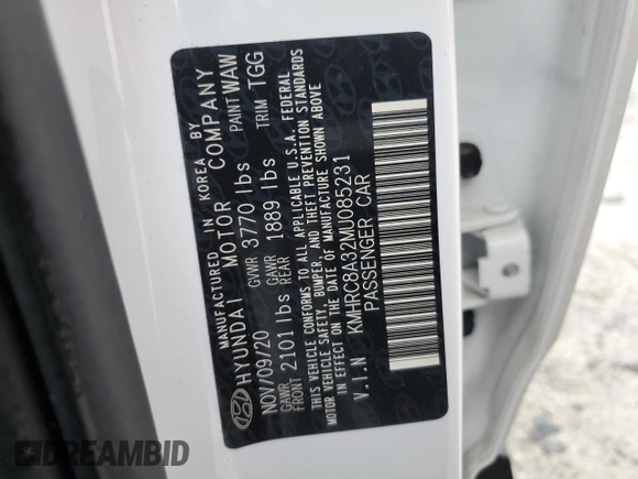 2021 Hyundai Venue SEL with VIN KMHRC8A32MU085231, listed as a Copart auction lot 58205545 with 41,105 mi miles and Salvage title. Bid and sale history available at DreamBid. Image 12.