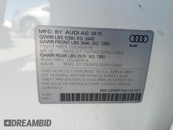 2015 Audi Q5 Premium with VIN WA1CFAFP1FA134101, listed as a Copart auction lot 57361955 with Not provided miles and Salvage title. Bid and sale history available at DreamBid. Image 14.