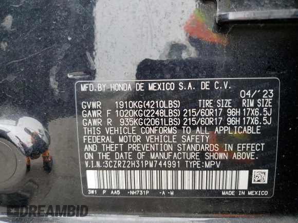 2023 Honda HR-V LX with VIN 3CZRZ2H31PM744991, listed as a Copart auction lot 60908425 with 33,026 mi miles and Non repairable. Bid and sale history available at DreamBid. Image 14.