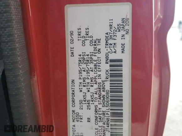 1990 Toyota Pickup DX с VIN JT4RN81P1L5069080, выставлен на аукционе Copart как лот 81606084 с пробегом 168 115 миль миль и Списание • Salvage title. История ставок и продаж доступна на DreamBid. Изображение 12.
