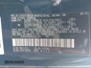 2011 Toyota Sienna XLE AAS with VIN 5TDYK3DC6BS045303, listed as a IAAI auction lot 42515203 with 205,904 mi miles and . Bid and sale history available at DreamBid. Image 9.