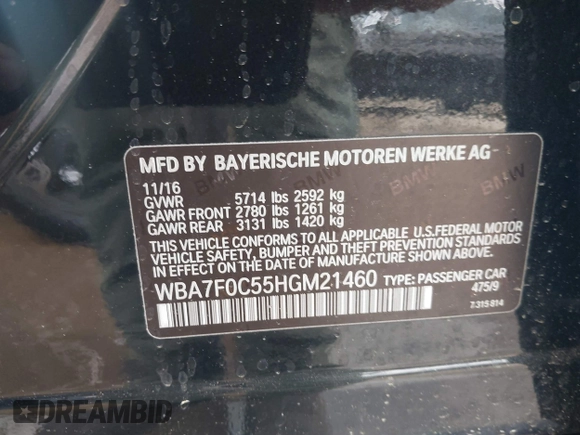 2017 BMW 7 Series 750i with VIN WBA7F0C55HGM21460, listed as a IAAI auction lot 41934198 with 58,206 mi miles and . Bid and sale history available at DreamBid. Image 17.