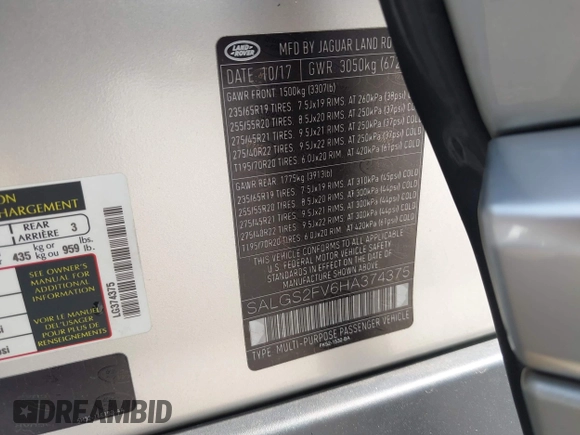 2017 Land Rover Range Rover HSE с VIN SALGS2FV6HA374375, выставлен на аукционе IAAI как лот 42187886 с пробегом 105 525 миль миль и . История ставок и продаж доступна на DreamBid. Изображение 9.