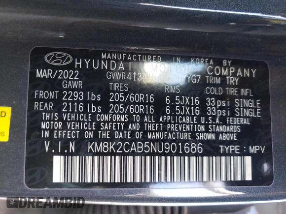 2022 Hyundai Kona SE with VIN KM8K2CAB5NU901686, listed as a Copart auction lot 46124735 with 40,748 mi miles and Salvage Title. Bid and sale history available at carsss.com. Image 13.